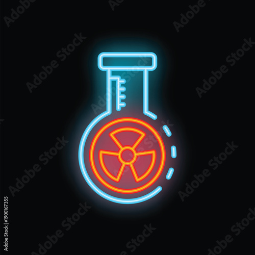 Glowing neon sign representing a laboratory flask containing a radioactive substance, on a dark background