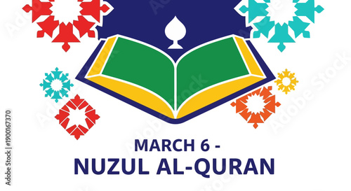Vibrant Nuzul Al-Quran celebration graphic with open book and colorful snowflakes
