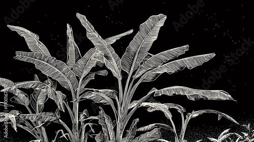 The image is a black and white drawing of a plant with long, thin leaves. The leaves are drawn in a very detailed