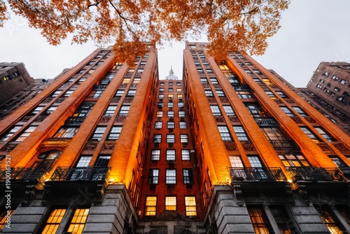 The building is tall and has a lot of windows. The windows are lit up, giving the building a warm
