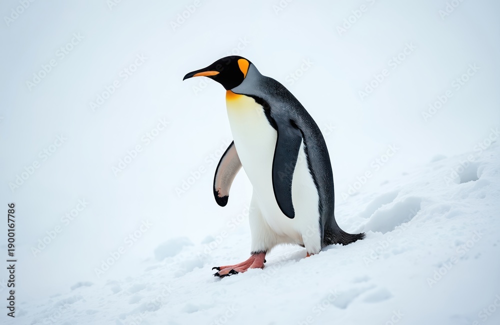 Fototapeta premium King penguin walks on snow covered slope in Antarctica. This bird has black grey white plumage yellow neck patch. It moves in cold polar environment.
