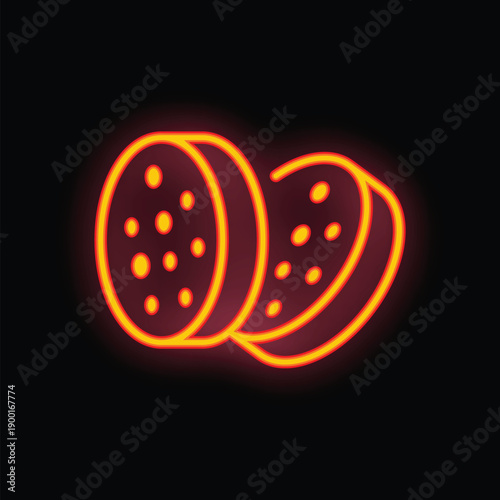Neon sign illustrating two salami slices, creating a warm and inviting ambiance