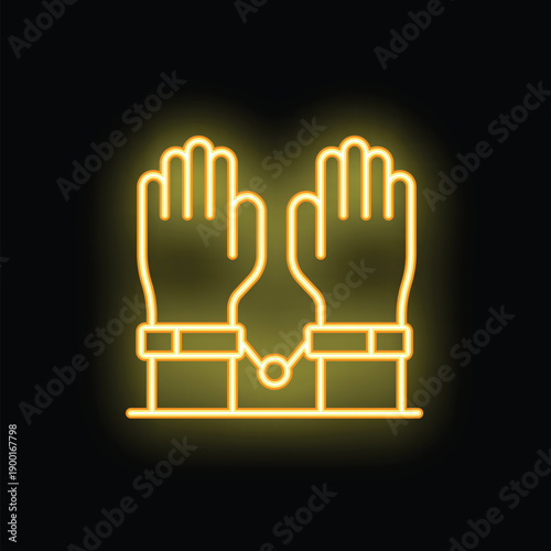 Glowing neon icon of a person being arrested with their hands in handcuffs