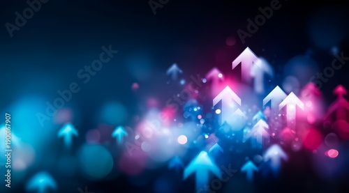 Blue background with many arrows pointing upwards. The arrows are in different colors and sizes