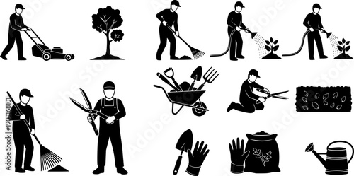 Silhouette of gardeners working with tools, people doing outdoor landscaping tasks, lawn care vector illustration, farming agriculture workers, gardening maintenance activity icons set