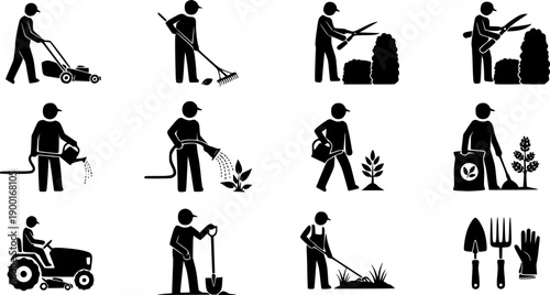 Silhouette of gardeners working with tools, people doing outdoor landscaping tasks, lawn care vector illustration, farming agriculture workers, gardening maintenance activity icons set