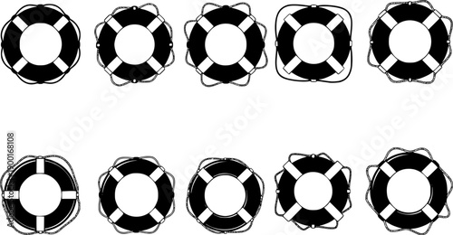 Lifebuoy silhouette collection, circular and square life preserver vector illustration, nautical safety design, black and white art, rescue equipment set, maritime concept