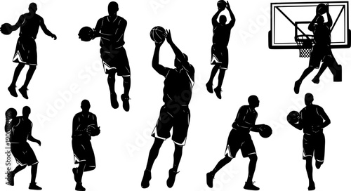 Silhouette of basketball players dribbling ball in different action poses, isolated on white background, concept of sports training, fitness, teamwork and competition illustration