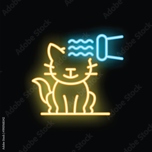 Neon sign of a cute cat getting groomed at a pet salon, with a hair dryer blowing on its head