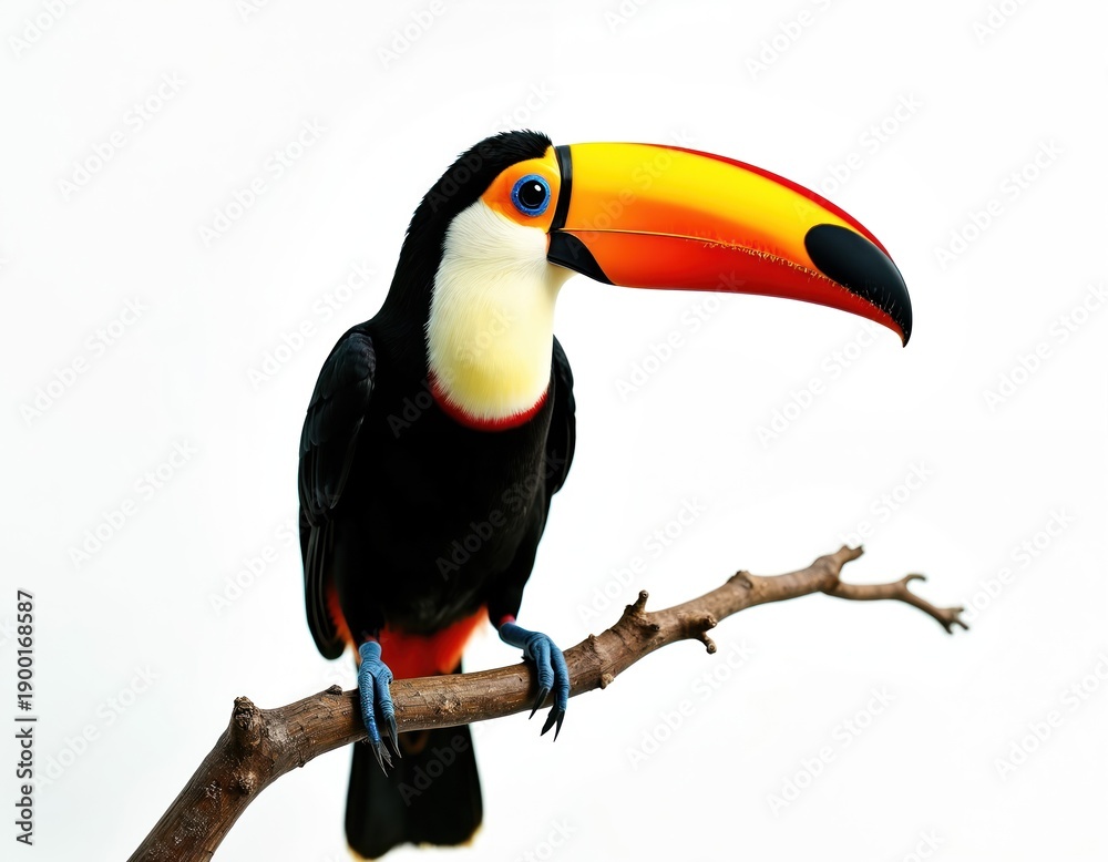 Obraz premium Toucan bird sits on branch with white background. Large colourful beak. Blue feet. Wild avian creature in isolation. Nature and fauna theme.