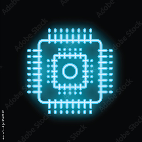 Neon blue icon of a microchip glowing on a black background, representing concepts like technology, computing, and processing power