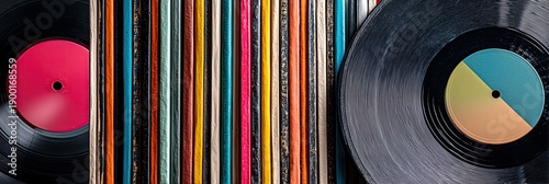 Wallpaper Mural colorful vinyl records arranged in an elegant display, showcasing the variety of colors and styles on each record cover the background is a wall with vertical stripes of different shades Generative AI Torontodigital.ca
