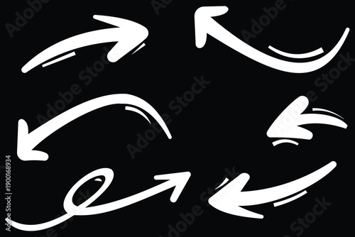 Hand drawn White Arrows Set on Black Background,set.Vector doodle icon.