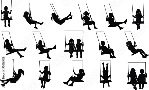 Children silhouettes, kids swinging, playground fun, childhood joy, outdoor play, carefree motion, swing set art, playful activity, family lifestyle, happy moments