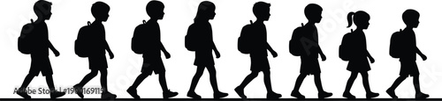 Children silhouettes walking with backpacks, school kids, education journey, student group, learning path, childhood routine, academic motion, morning walk