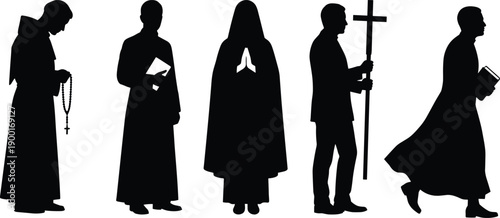 Christian clergy silhouette, prayer gesture illustration, rosary devotion artwork, Bible reading design, cross holding figure, religious ceremony scene,