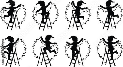 Christmas child silhouette, Santa hat, ladder decoration, festive holiday artwork, string lights illustration, joyful celebration design, winter seasonal decor, playful scene,