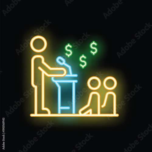 Neon sign of a politician giving a speech about money and finance to potential voters