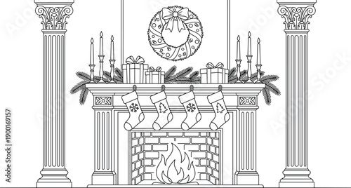 Christmas fireplace illustration, festive holiday scene, decorated wreath artwork, burning fire drawing, stockings hanging design, seasonal celebration decor, cozy winter artwork,