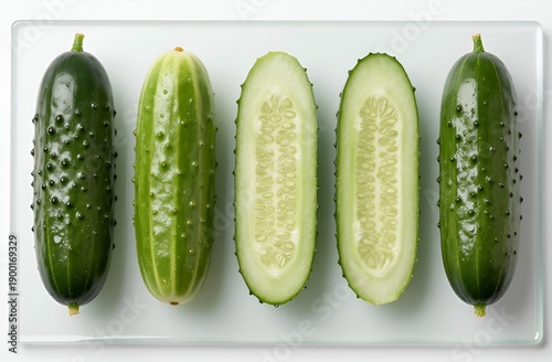 Close-up of sliced cucumbers on frosted glass