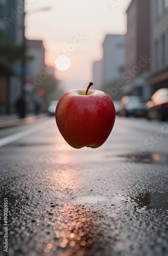 Red apple floating over wet city street at dawn