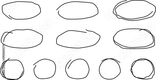 Set of hand drawn Black circles and ovals. Highlight circle frames. Ellipses in doodle style