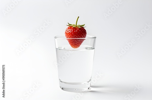 Floating strawberry over glass of water