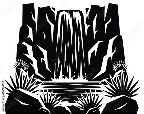 Dramatic black and white waterfall landscape with rocky cliffs