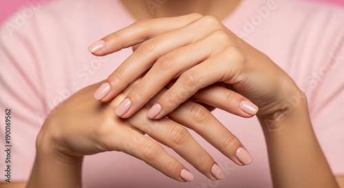 Wallpaper Mural Woman's hands with pink manicured nails crossed over wrist in front of pink background Torontodigital.ca