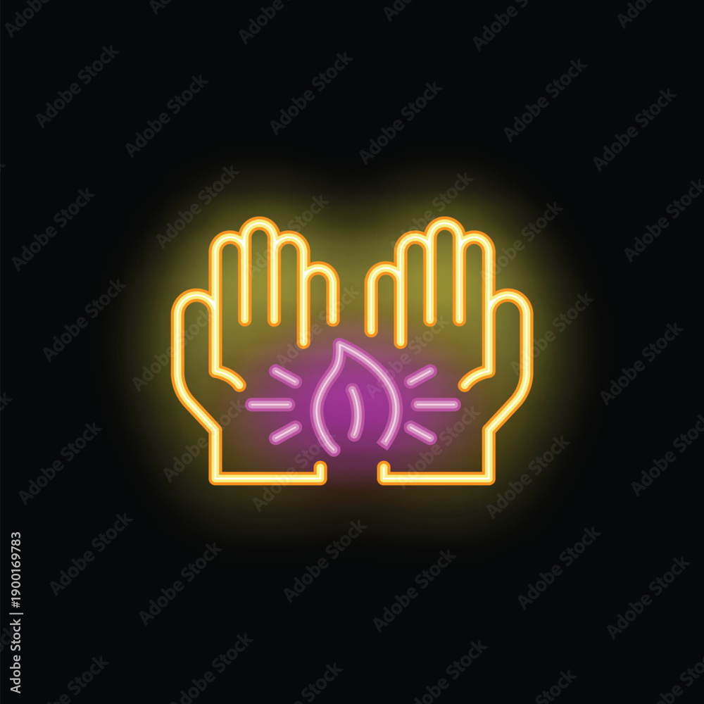 Obraz premium Neon sign illustrating two hands holding a flame, symbolizing reiki healing energy