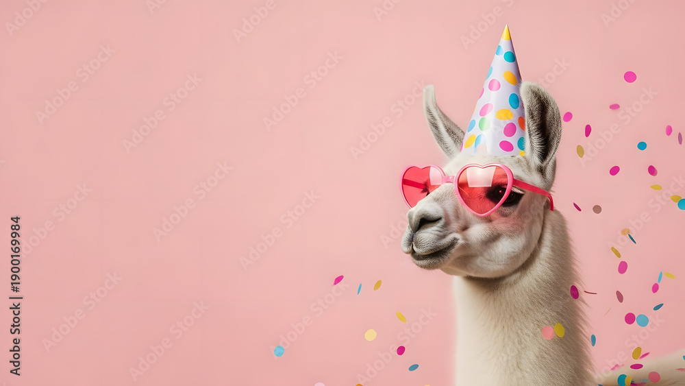 Obraz premium Llama celebrating a birthday with confetti and a party hat