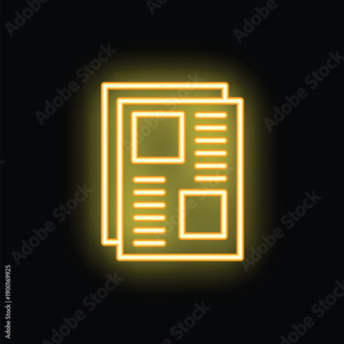 Bright yellow neon icon of a newspaper glowing on a black background