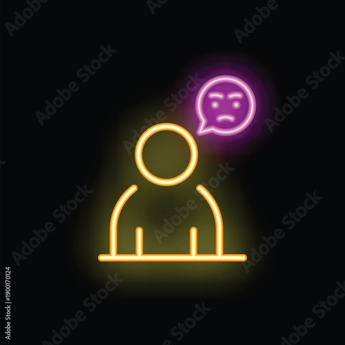Neon icon of a person with a thought bubble containing an angry emoji, symbolizing negative thoughts