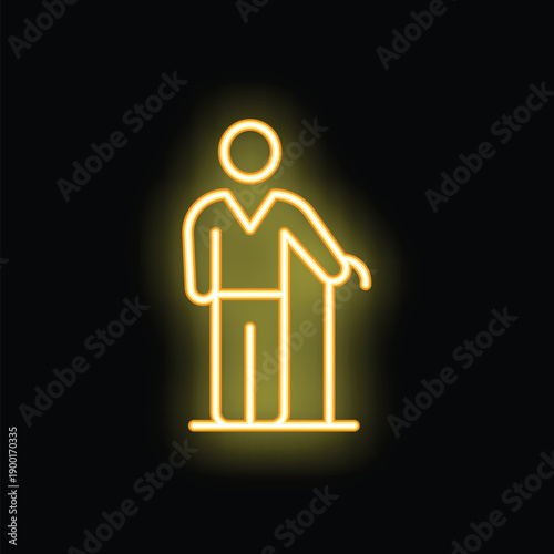 Bright yellow neon icon depicting an elderly man walking with a cane