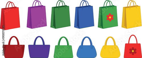 Colorful shopping bags, handbag collection, fashion accessories, flower design, retail icons, stylish purse, isolated graphic, vibrant colors, product display, vector 