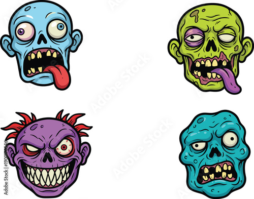 Colorful cartoon zombie faces set, spooky monster heads illustration, halloween horror characters, scary comic style, isolated white background