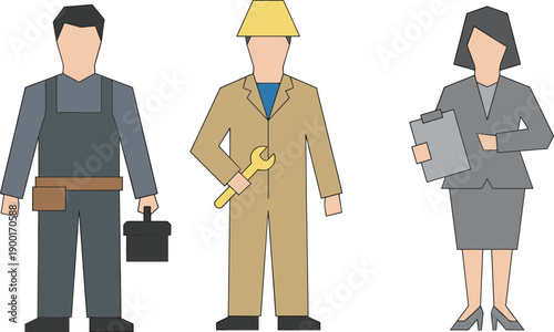 Construction worker, mechanic professional, business manager, diverse occupations, skilled trades, workplace diversity, industrial jobs, career teamwork, professional attire, employment roles