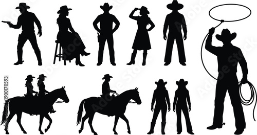 Cowboy, cowgirl, silhouette, western, horse, riding, lasso, gun, hat, boots, ranch, wild, west, black, white, vector, illustration, isolated, pose, design