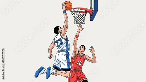 Basketball player making a slam dunk action shot against a simple background