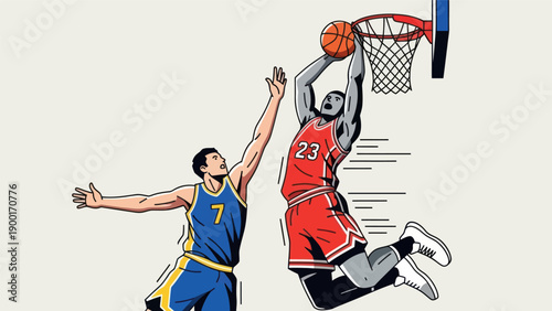 Basketball player performing a dunk over an opponent vector illustration