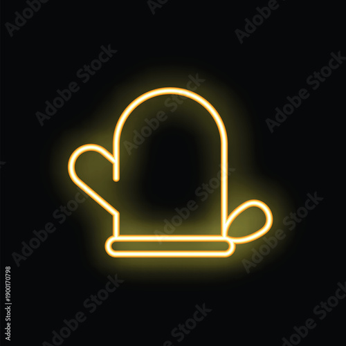 Yellow glowing neon sign representing an oven mitt, on a black background