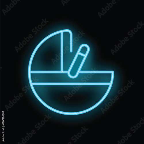 Blue glowing neon icon of a baby cradle with a hanging rattle toy on a black background