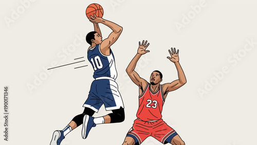 Basketball player shooting with defender illustration for sports and competition