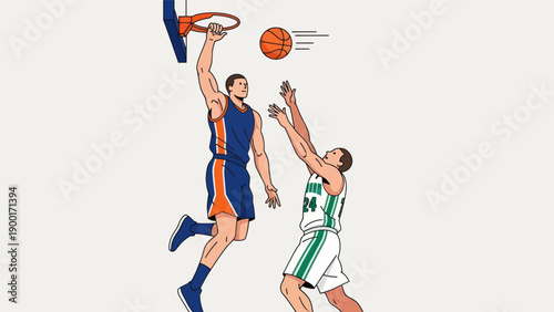 Basketball player shoots the ball against opponent in action vector illustration