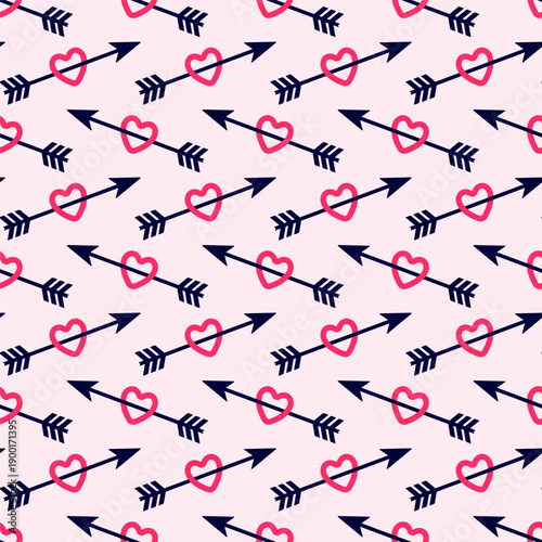 Small hearts pierced by an arrow isolated on a pink background. Cute seamless pattern. Simple flat vector graphic illustration. Texture.