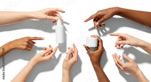 Diverse hands sharing skincare products on white background
