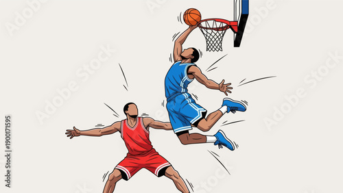 Basketball player soaring for a slam dunk illustrated in dynamic vector style