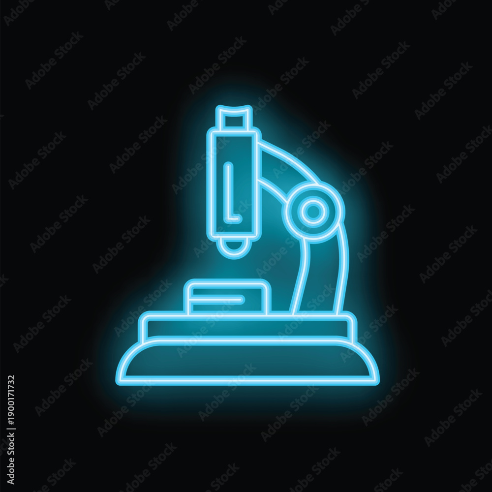 Fototapeta premium Neon blue icon of a microscope glowing on a black background, perfect for themes of science and research