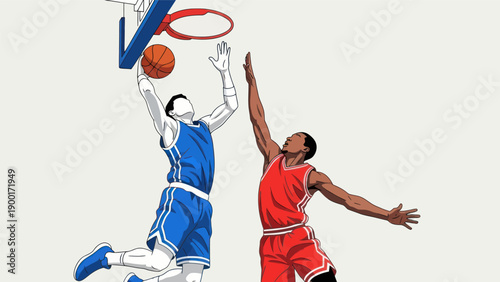 Basketball players action illustration with ball near hoop against white background