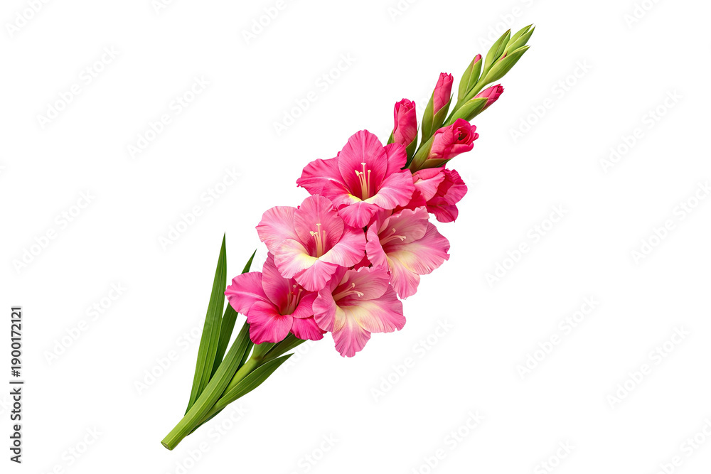 Obraz premium Gladiolus plant with pink flowers and green buds is displayed against a stark white background in a close up view